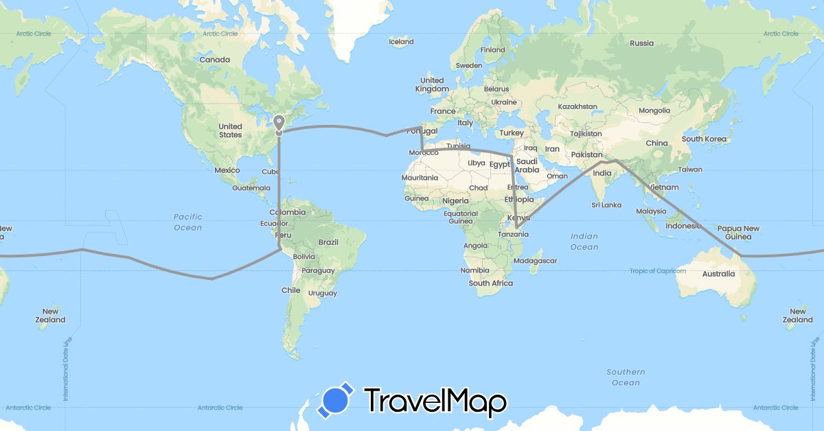 TravelMap itinerary: driving, plane in Australia, Chile, France, India, Jordan, Cambodia, Morocco, Nepal, Peru, Portugal, Tanzania, United States, Samoa (Africa, Asia, Europe, North America, Oceania, South America)